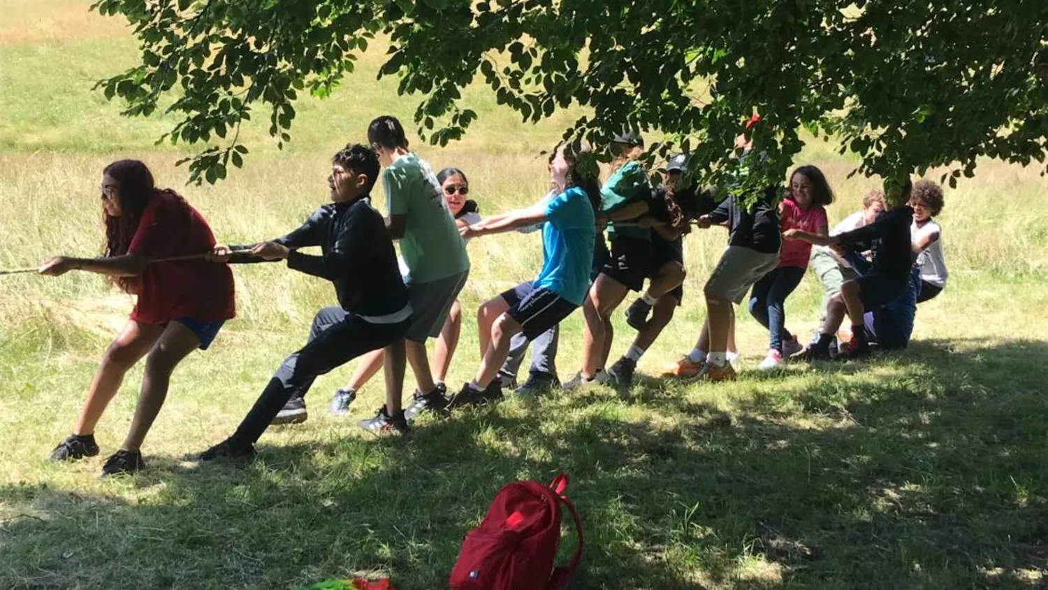 Bambini del camp giocano a tiro alla fune in un prato