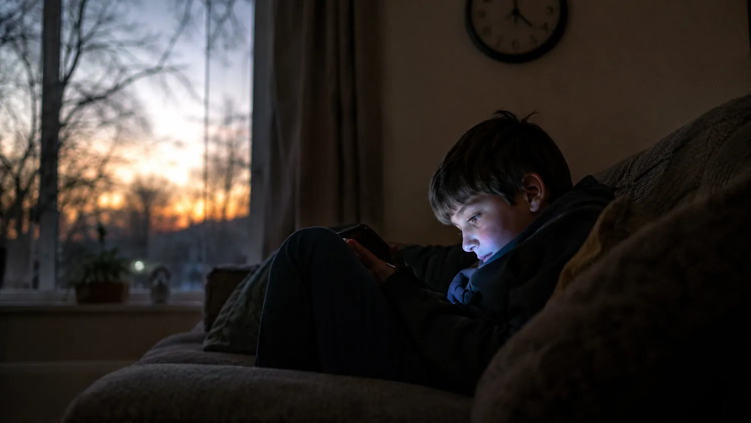 Un bambino sul divano al tramonto, il volto illuminato dallo schermo del telefono
