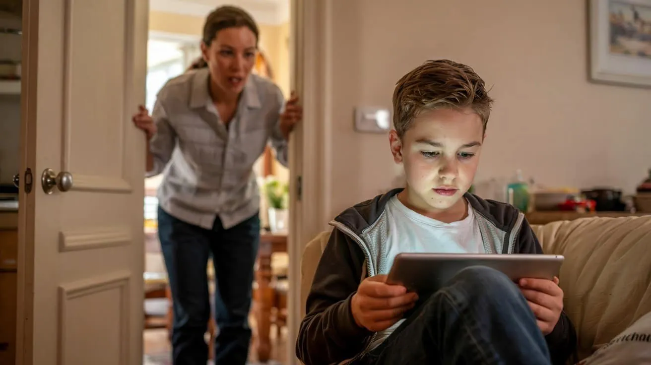 Un bambino assorto nel tablet sul divano, la mamma preoccupata sullo sfondo