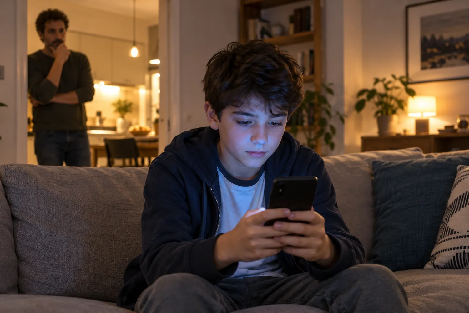 Un ragazzo di 12 anni sul divano guarda serio lo smartphone, con il viso illuminato dallo schermo; dietro di lui il padre lo osserva dalla porta della cucina