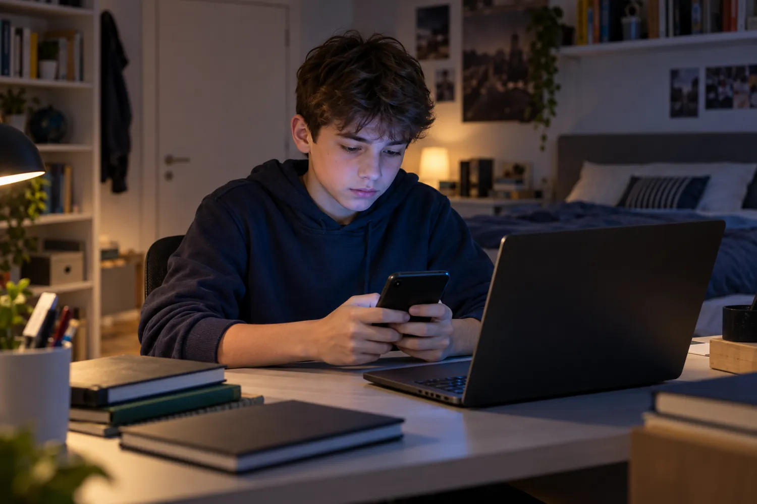 Un ragazzo di 12 anni alla scrivania della sua cameretta, la sera, scrive concentrato sul telefono accanto al computer portatile