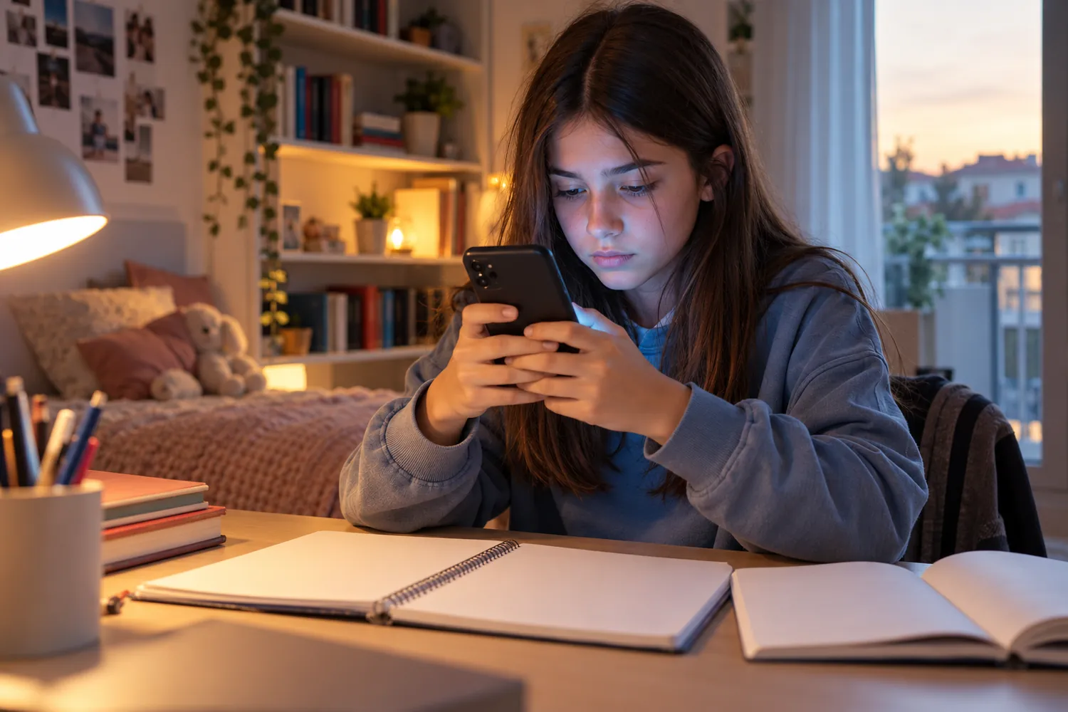 Una ragazza di 12 anni alla scrivania della sua cameretta, con i quaderni aperti, guarda seria lo smartphone che tiene con due mani