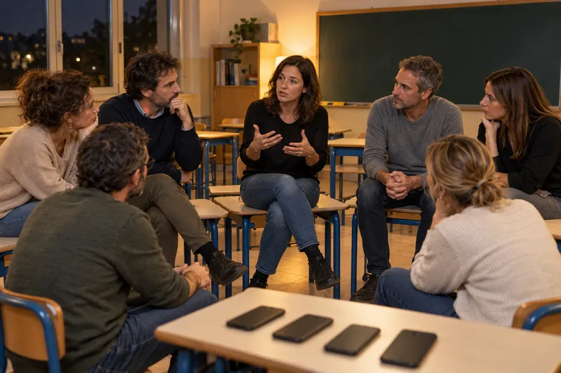 Una sera in un'aula di scuola media, sei genitori seduti in cerchio ascoltano una mamma che parla; su un banco in primo piano quattro smartphone a faccia in giù