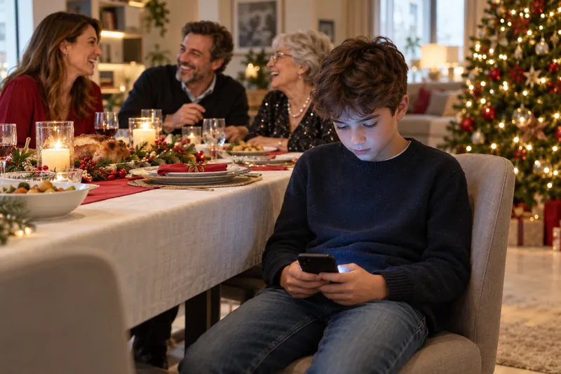 Al pranzo di Natale mamma, papà e nonna ridono a tavola, mentre il figlio di 12 anni, seduto in disparte, guarda il telefono