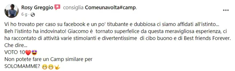Recensione Facebook di un genitore del Camp ComeUnaVolta