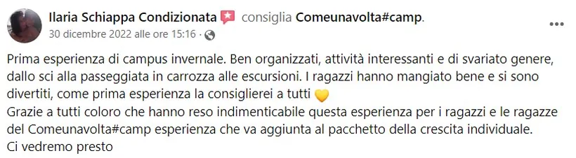 Recensione Facebook di un genitore del Camp ComeUnaVolta