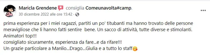 Recensione Facebook di un genitore del Camp ComeUnaVolta