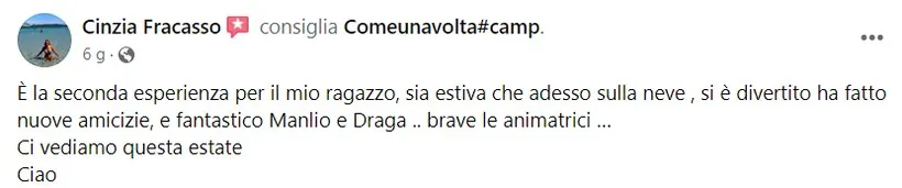 Recensione Facebook di un genitore del Camp ComeUnaVolta