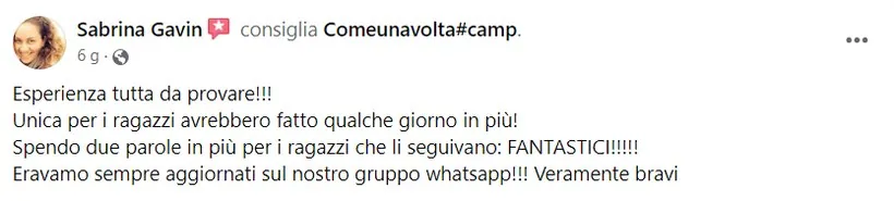 Recensione Facebook di un genitore del Camp ComeUnaVolta