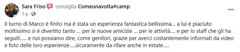 Recensione Facebook di un genitore del Camp ComeUnaVolta