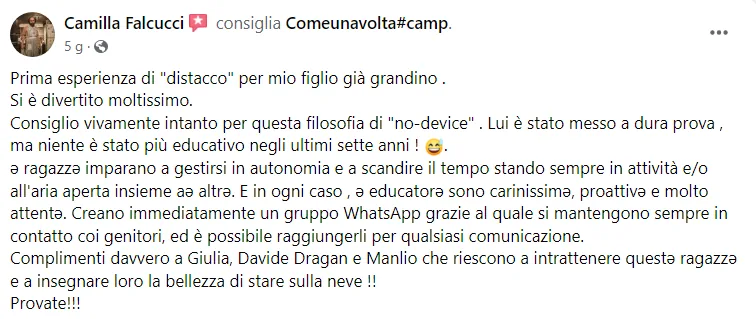 Recensione Facebook di un genitore del Camp ComeUnaVolta