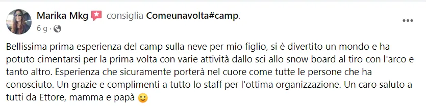 Recensione Facebook di un genitore del Camp ComeUnaVolta