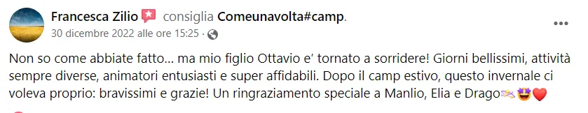 Recensione Facebook di un genitore del Camp ComeUnaVolta