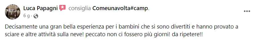 Recensione Facebook di un genitore del Camp ComeUnaVolta