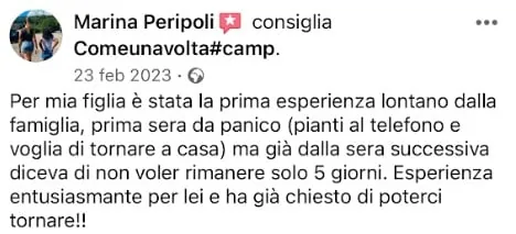 Recensione Facebook di un genitore del Camp ComeUnaVolta