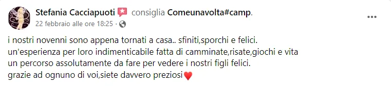 Recensione Facebook di un genitore del Camp ComeUnaVolta